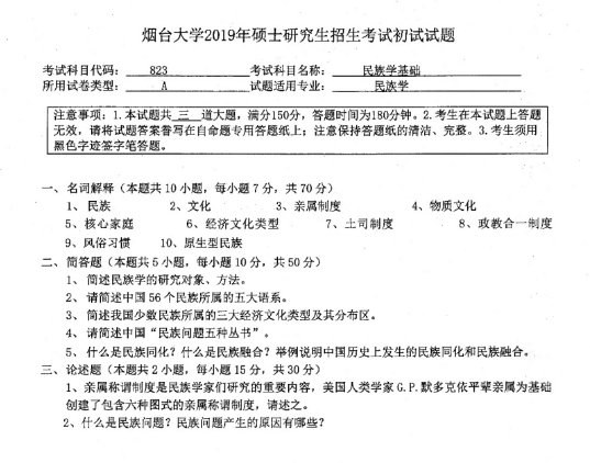 考研真題：2019年煙臺(tái)大學(xué)馬克思主義學(xué)院碩士研究生招生考試初試自命題-823民族學(xué)基礎(chǔ)