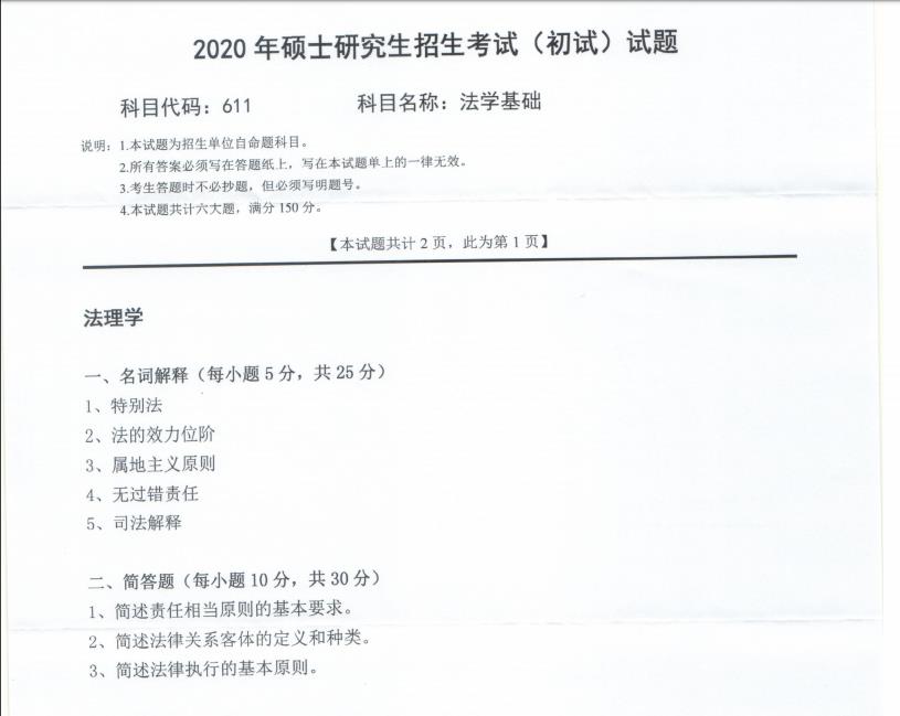 考研真題:西南科技大學2020年碩士自命題試題611法學基礎(chǔ)
