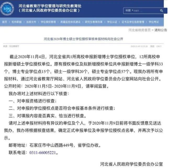 2020碩士新增學位點：河北省2020年博土碩士學位授權審核申報材料向社會公開